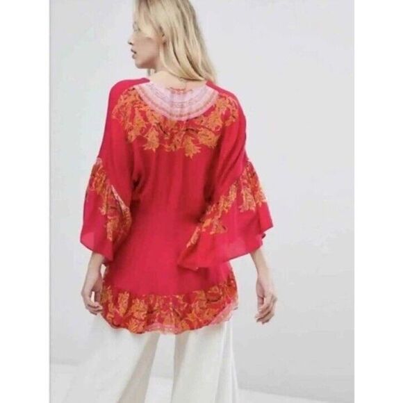 FREE PEOPLE Women Sz S Sunset Dreams Printed Red Tunic Ruffle Top - Picture 14 of 14